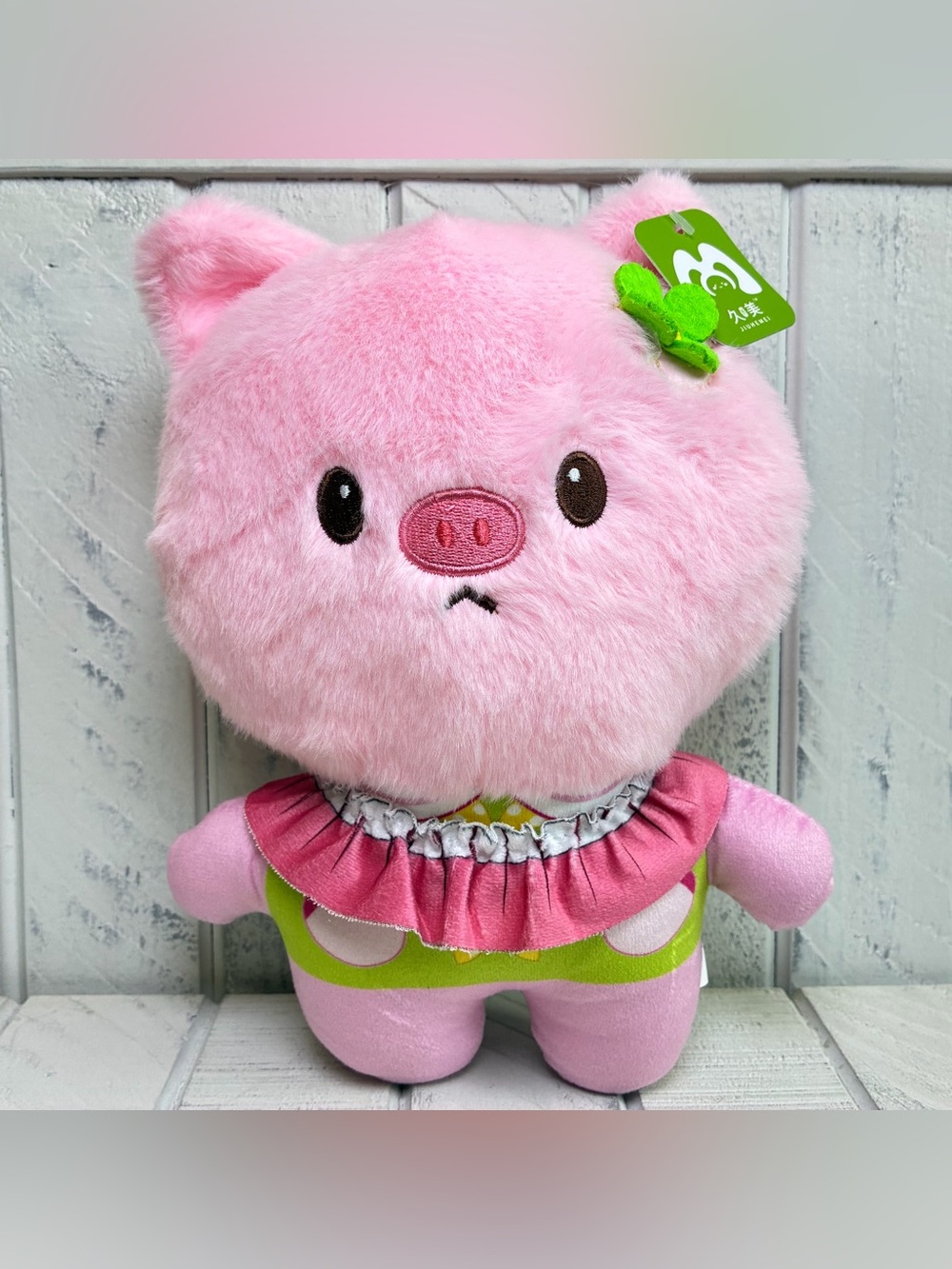 Jiuhemei Plushie Cute Kawaii Pig 9” Stuffed Animal Pink & Green Outfit W/Flower